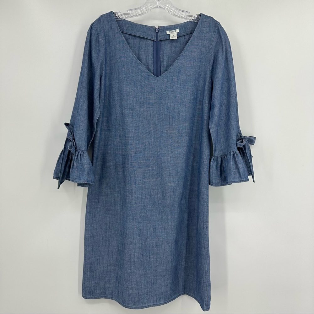 J. Crew Chambray Denim Dress Ruffle Tie-sleeve V-neck Cotton Blue Size 2